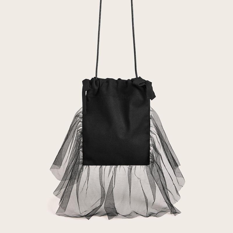 

Exaggerate Mesh Ruffle Decor Drawstring Crossbody Bag, Black