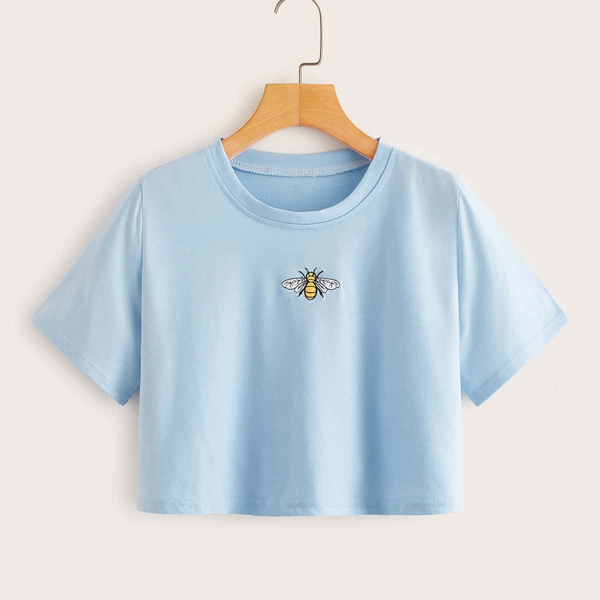 

Bee Embroidery Boxy Crop Tee, Blue