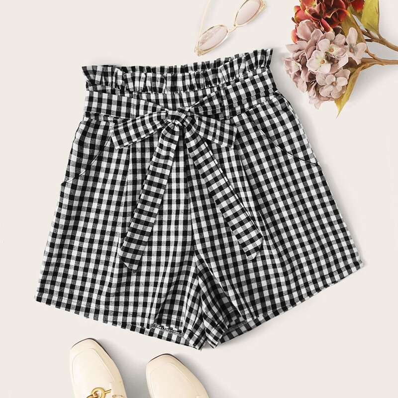 

Gingham Tie Paper Bag Waist Shorts, Black and white