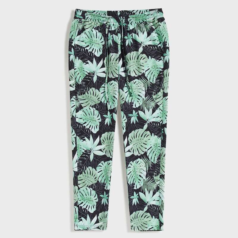 

Guys Drawstring Waist Tropical Print Pants, Green