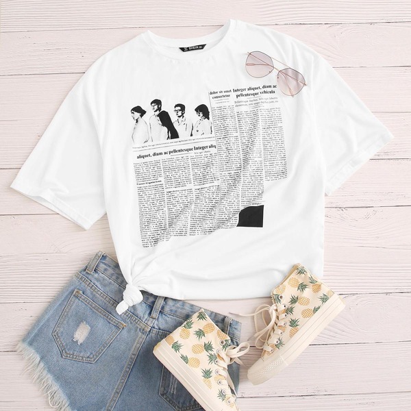 

Newspaper Print Tee, White