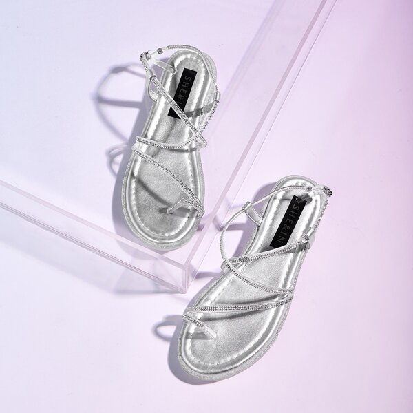 

Toe Ring Cross Strap Sandals, Silver