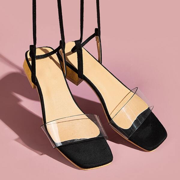 

Clear Open Toe Tie Leg Sandals, Black