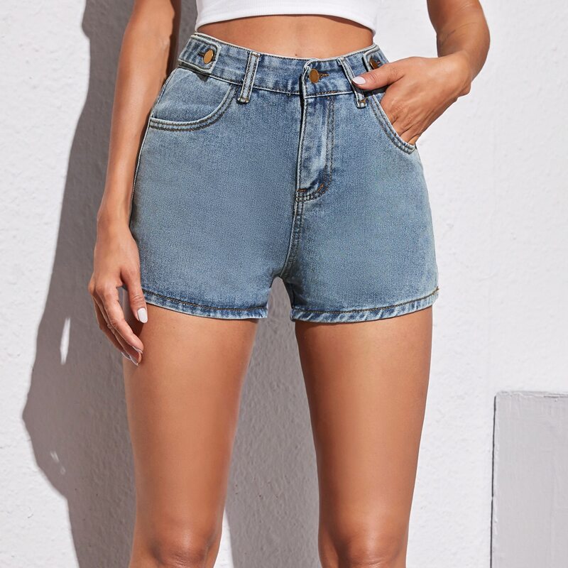 

Button Front Pocket Denim Shorts, Blue