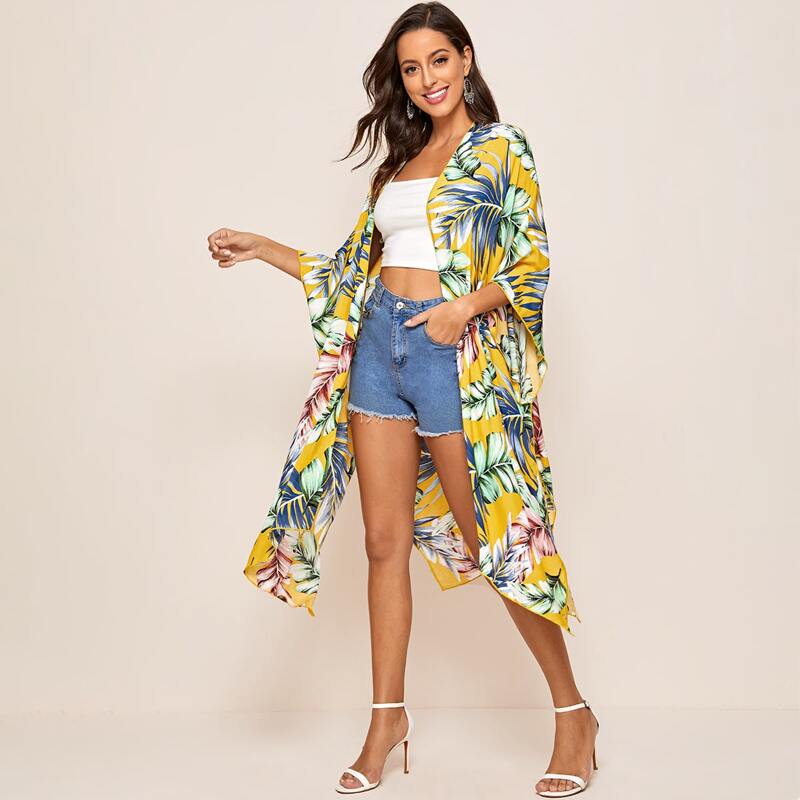 

Batwing Sleeve Jungle Leaf Print Kimono, Multicolor
