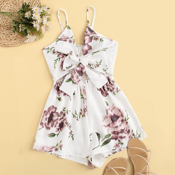 

Plus Tie Front Floral Cami Romper, White