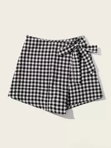 SHEIN EZwear 圍裹結飾格紋褲裙