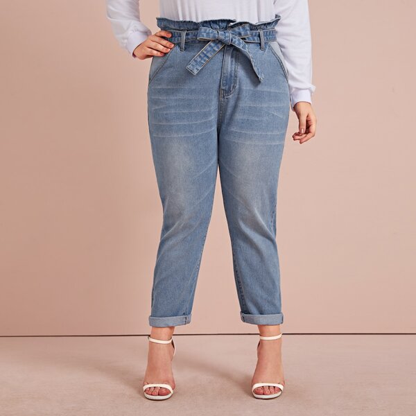 

Plus Self Tie Paperbag Waist Jeans, Blue pastel