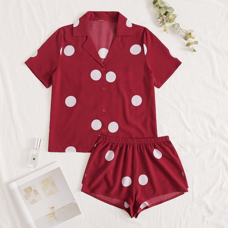 

Polka Dot Lapel Neck PJ Set, Red