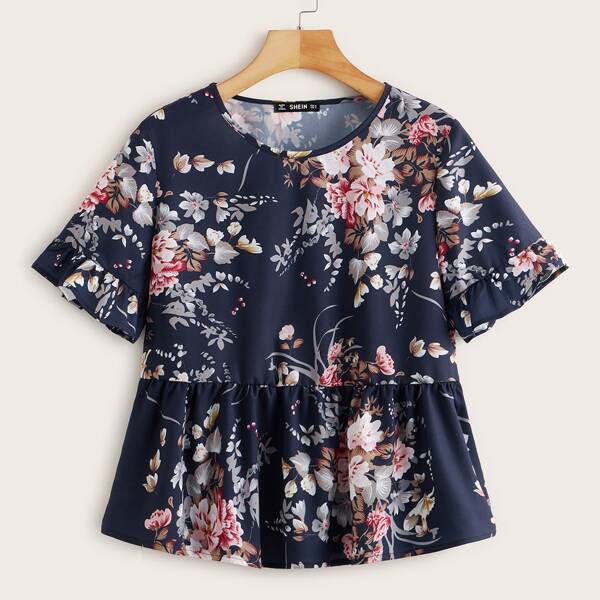 

Floral Print Flounce Sleeve Babydoll Blouse, Navy blue