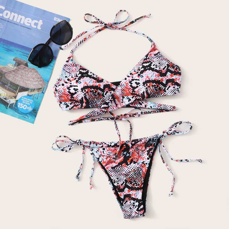 

Snakeskin Wrap Tie Side Bikini Swimsuit, Multicolor