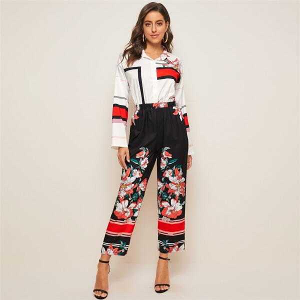 

Floral & Striped Print Shirt Jumpsuit, Multicolor