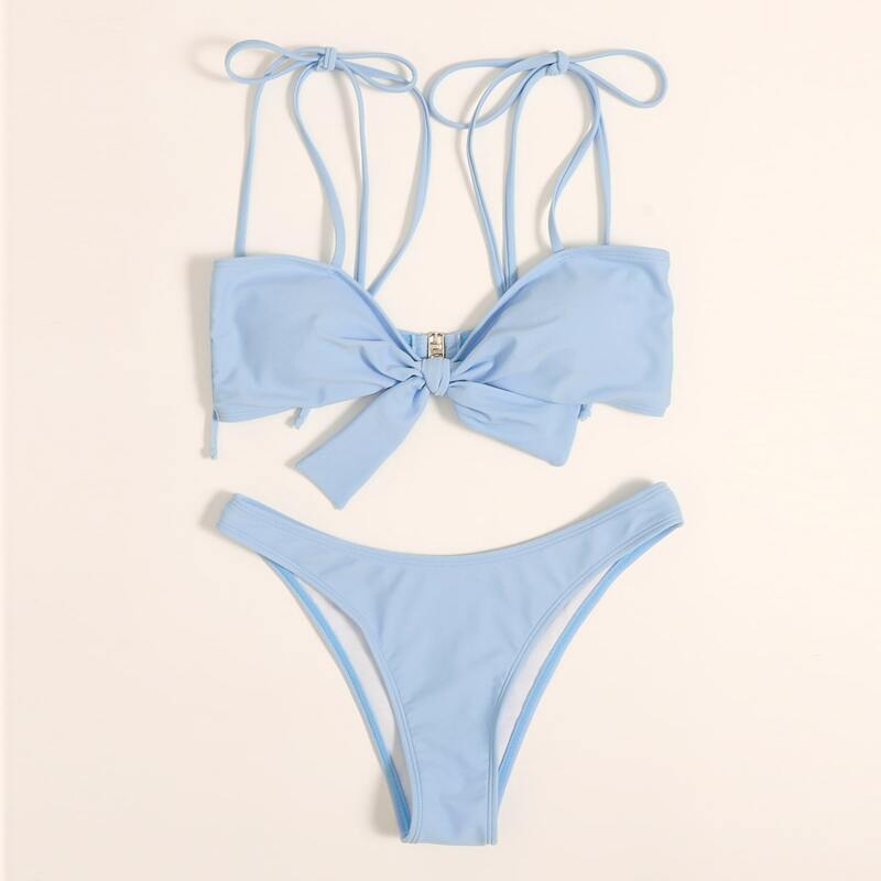 

Knot Front Tie Shoulder Bikini Swimsuit, Blue