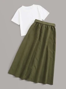 素色t恤和前紐扣腰帶半身裙 - 彩色 - 查看 3