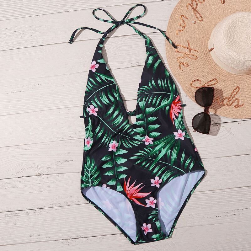 

Tropical Halter One Piece Swimsuit, Multicolor