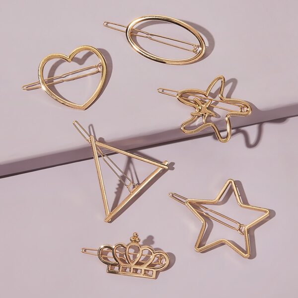 

6pcs Crown & Heart Shaped Hair Clip, Gold