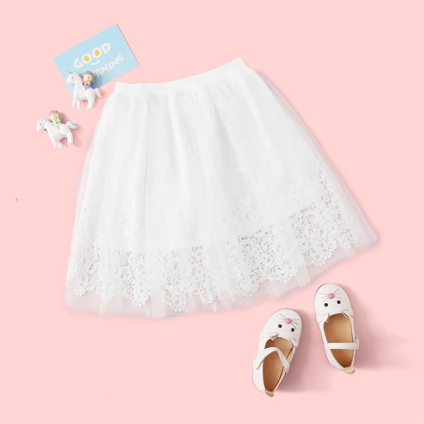 

Girls Lace Lined Mesh Overlay Skirt, White