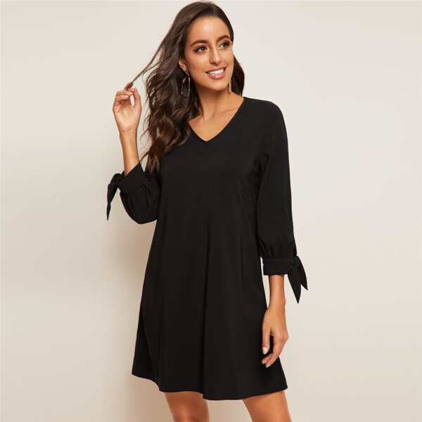 

V-neck Knot Cuff Tunic Dress, Black