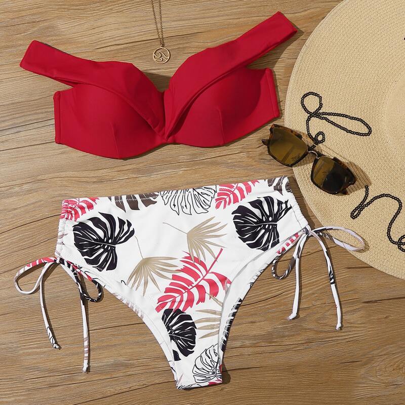 

Tropical Push Up Tie Side Bikini Swimsuit, Multicolor