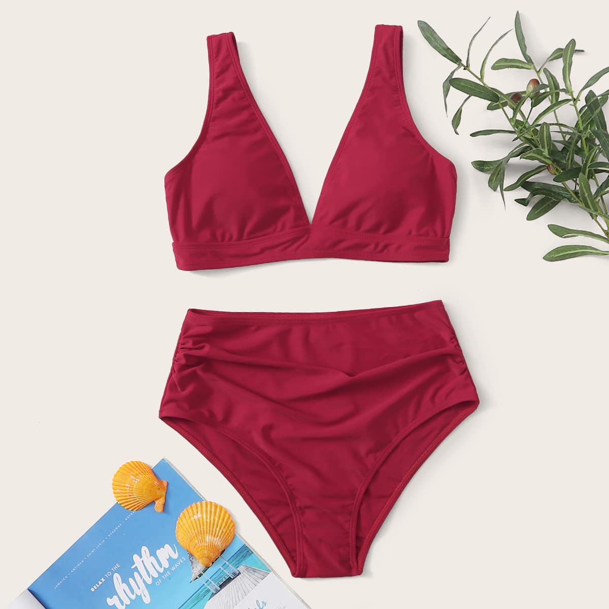 

Ruched High Waisted Bikini Swimsuit, Red
