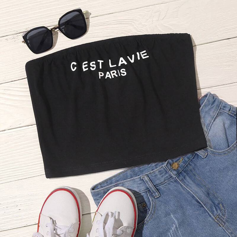 

Slogan Graphic Crop Tube Top, Black