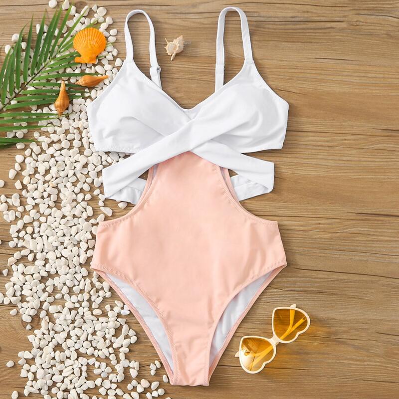 

Two Tone Twist One Piece Swimsuit, Multicolor
