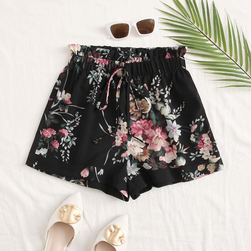 

Tied Paperbag Waist Floral Print Shorts, Black