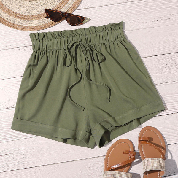 

Tie Waist Frill Trim Roll Up Hem Shorts, Army green