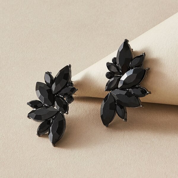 

1pair Gemstone Engraved Flower Stud Earrings, Black