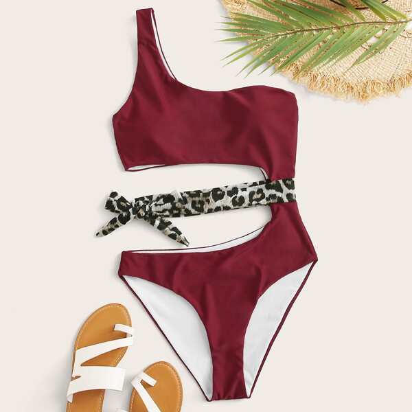 

Contrast Leopard Cut-out Tie Side One Piece Swimsuit, Burgundy