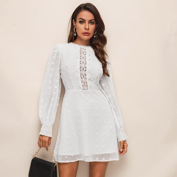 

Guipure Lace Insert Shirred Panel Balloon Sleeve Applique Dress, White