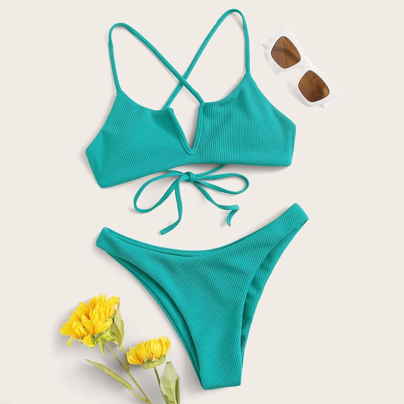 

Ribbed V-wired High Leg Bikini Swimsuit, Green