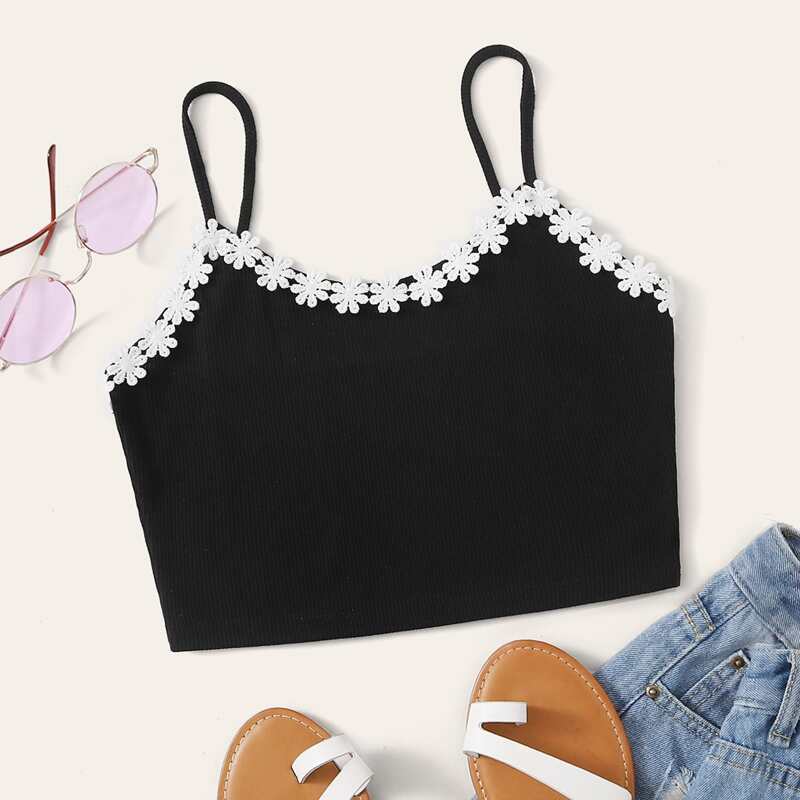 

Flower Embroidery Trim Crop Cami, Black