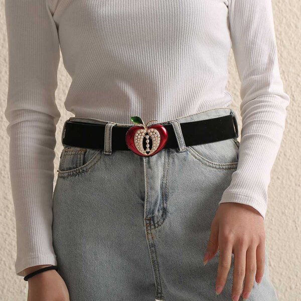 

Faux Pearl Decor Apple Buckle Belt, Black