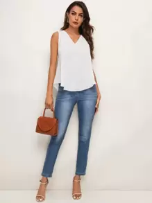 SHEIN Essnce v領弧形下擺飘逸上衣 - 白色 - 查看 4