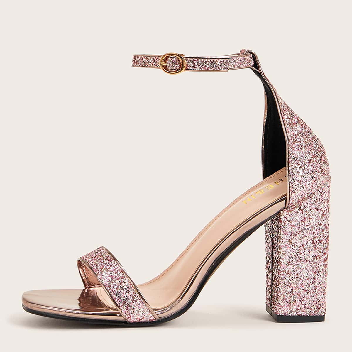 

Glitter Ankle Strap Chunky Heels, Pink