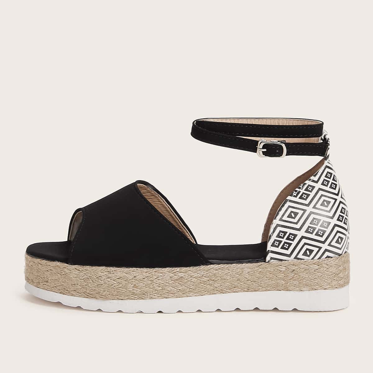 

Geo Graphic Ankle Strap Wedges, Black