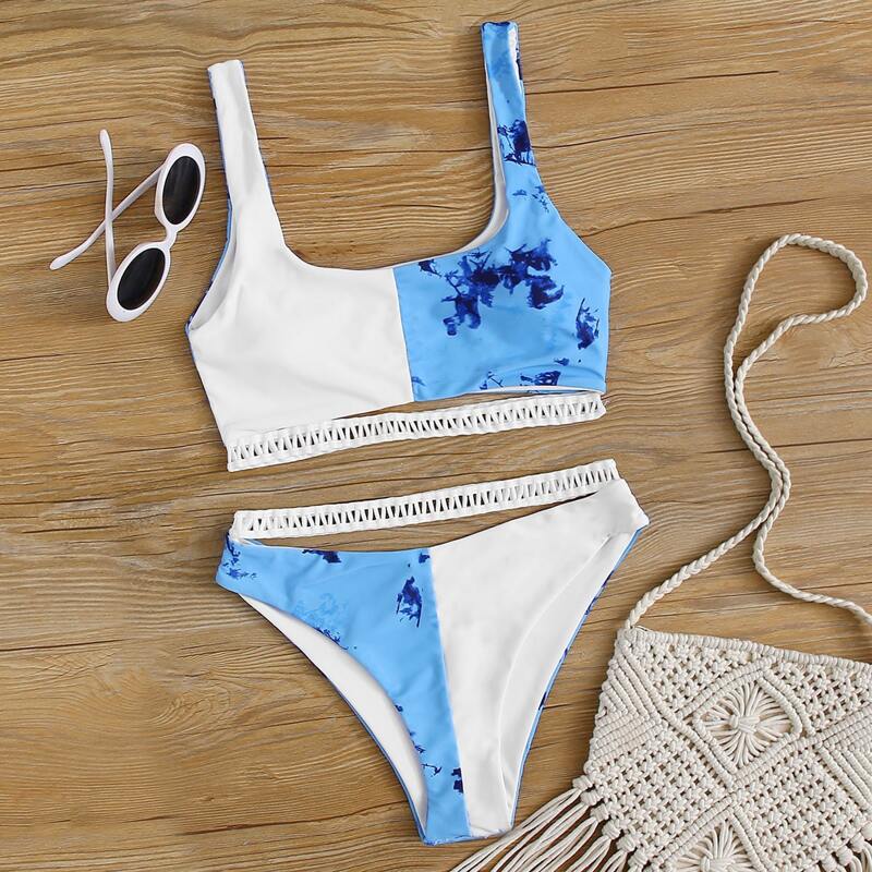 

Tie Dye Strap High Leg Bikini Swimsuit, Multicolor