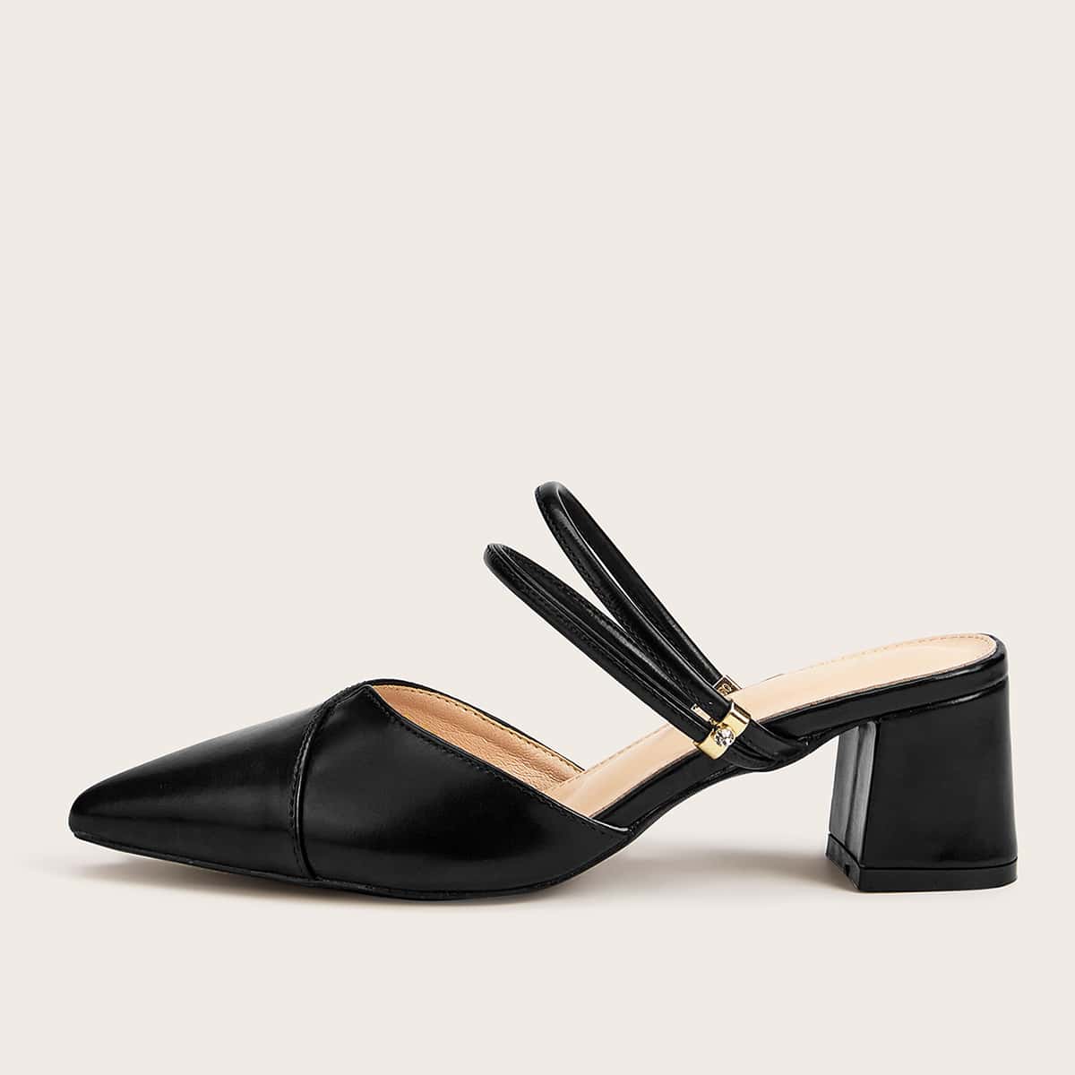 

Point Toe Chunky Heeled Mules, Black
