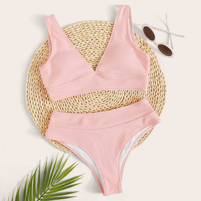 

V-neck Ribbed High Leg Bikini Swimsuit, Pink