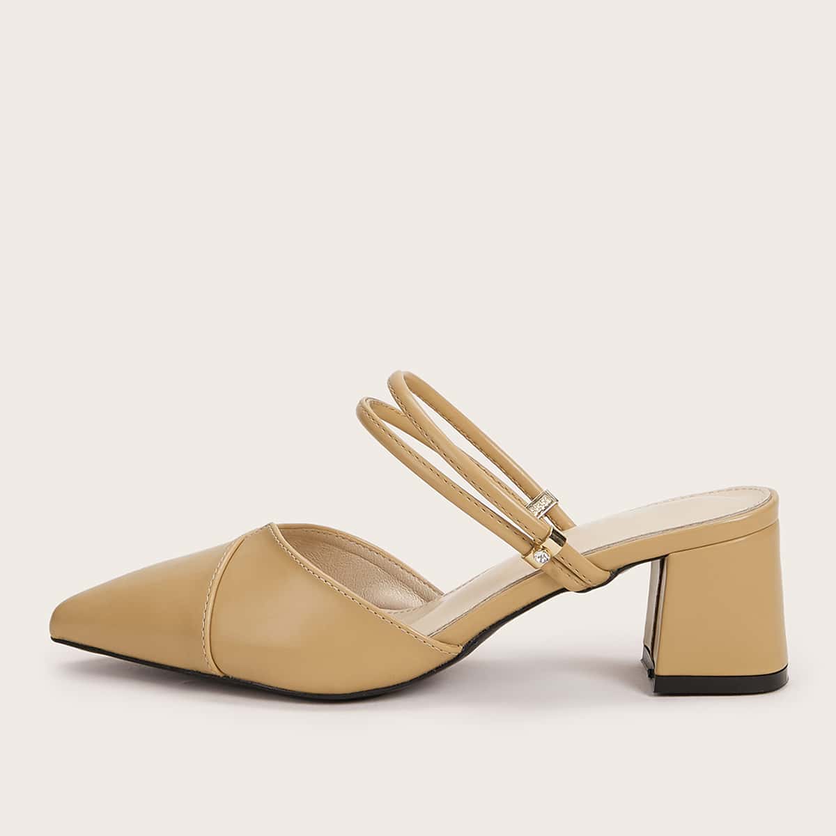 

Point Toe Chunky Heeled Mules, Khaki