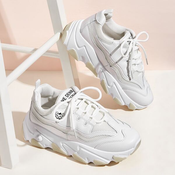 

Lace-up Front Mesh Panel Chunky Sneakers, White
