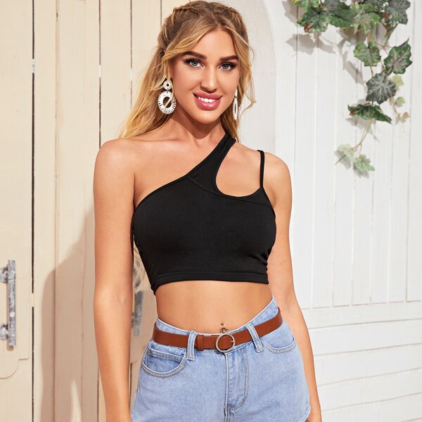 

Strappy One Shoulder Crop Fitted Top, Black