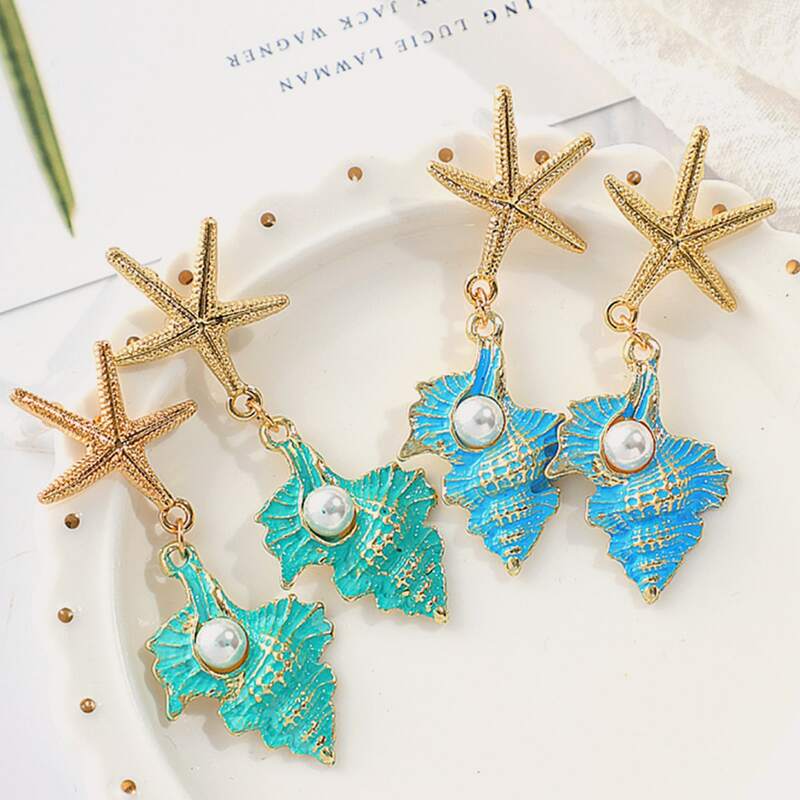 

2pairs Starfish & Conch Decor Drop Earrings, Multicolor