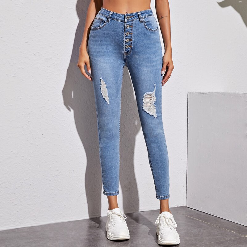 

Ripped Button Fly Skinny Jeans, Blue