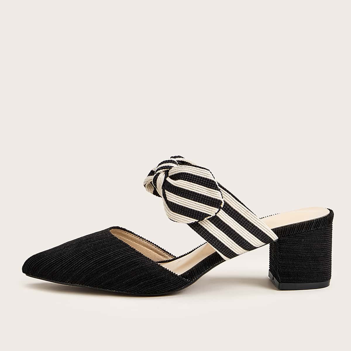 

Point Toe Bow Decor Chunky Heeled Mules, Black