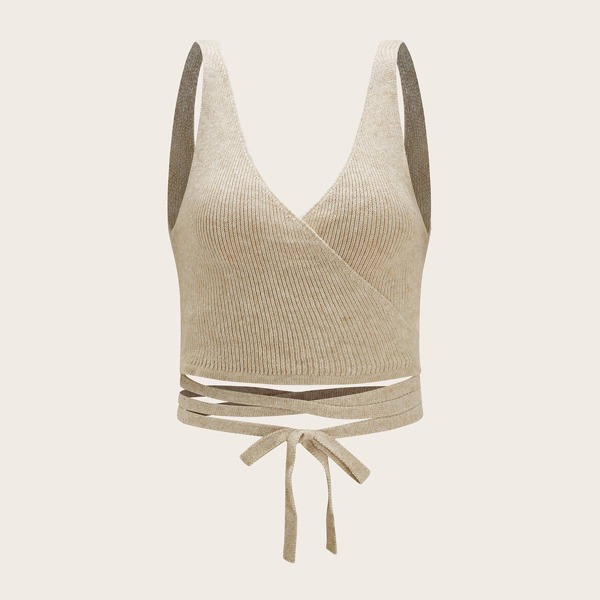 

Surplice Neck Lace Up Hem Knit Top, Beige