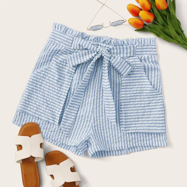 

Paperbag Waist Belted Striped Shorts, Blue