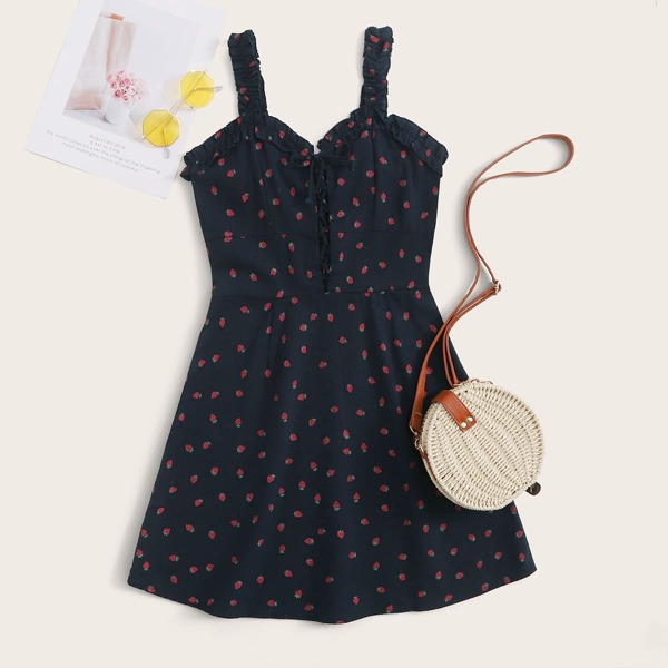 

Strawberry Print Frill Trim Lace-up Cami Dress, Navy blue