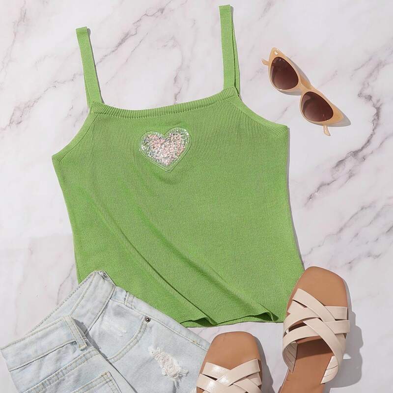 

Heart Patched Knit Top, Green